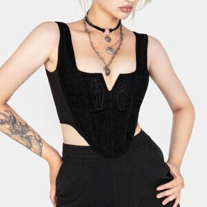 Disturbia Immortal Split Black Corset Skeleton Embroidered Crop Tank